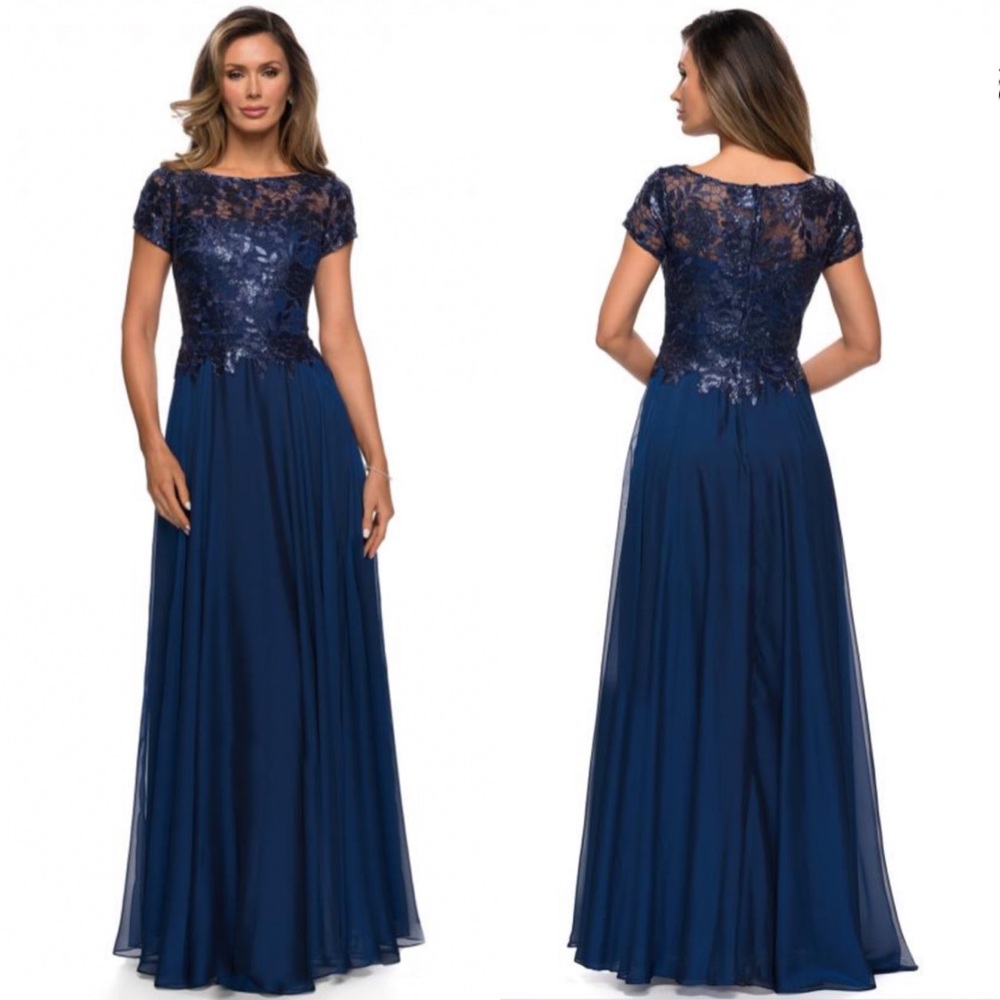 La Femme Floral Lace Satin Illusion Gown Maxi Dress 27924 Navy Blue Size 16 NWT